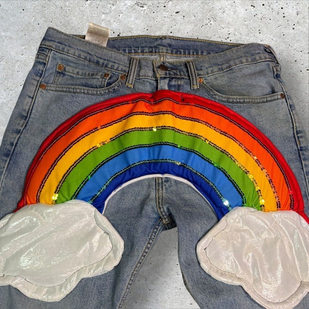 Custom Levi’s 505 Rainbow Jeans 34x30 Hand Sewn Applique Clouds - Picture 6 of 12
